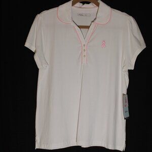 Lady Hagen White Pink Round Neck Polo Breast Cancer Ribbon Golf Large NEW